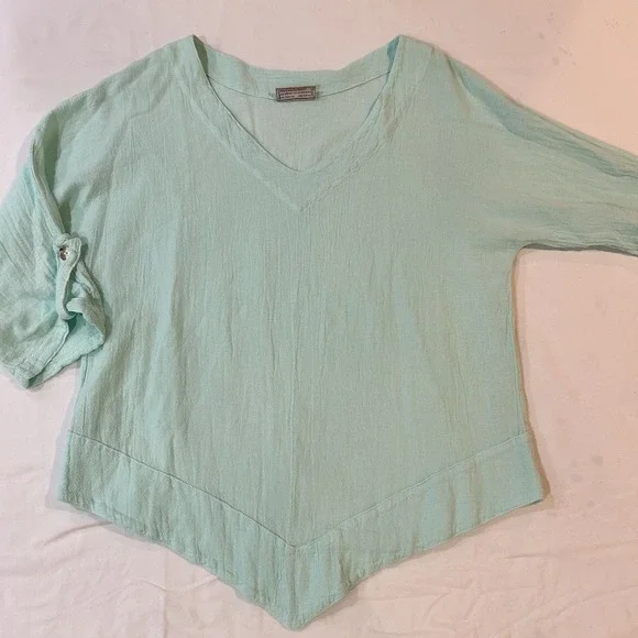 Cottonways Dorie Cotton Gauze Mint GreenTop Size 0 XS/S Blouse 3/4 Sleeve V Neck - Picture 2 of 10